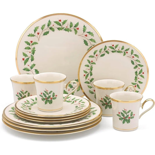 Holiday 12-Piece-Plate-&-Mug Set, Christmas Dinnerware, Hosting