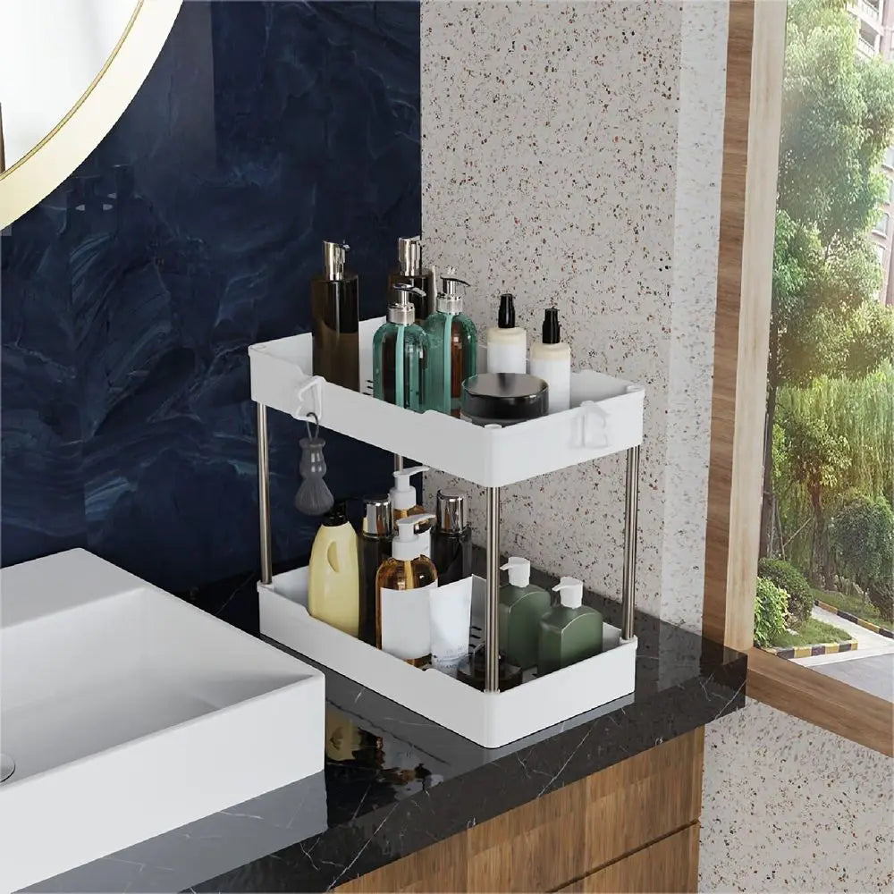 3 Pack Under Sink Organizers, 2 Tier Bathroom Cabinet Organizer with Hanging Cups, Kitchen & Bathroom Storage (White)