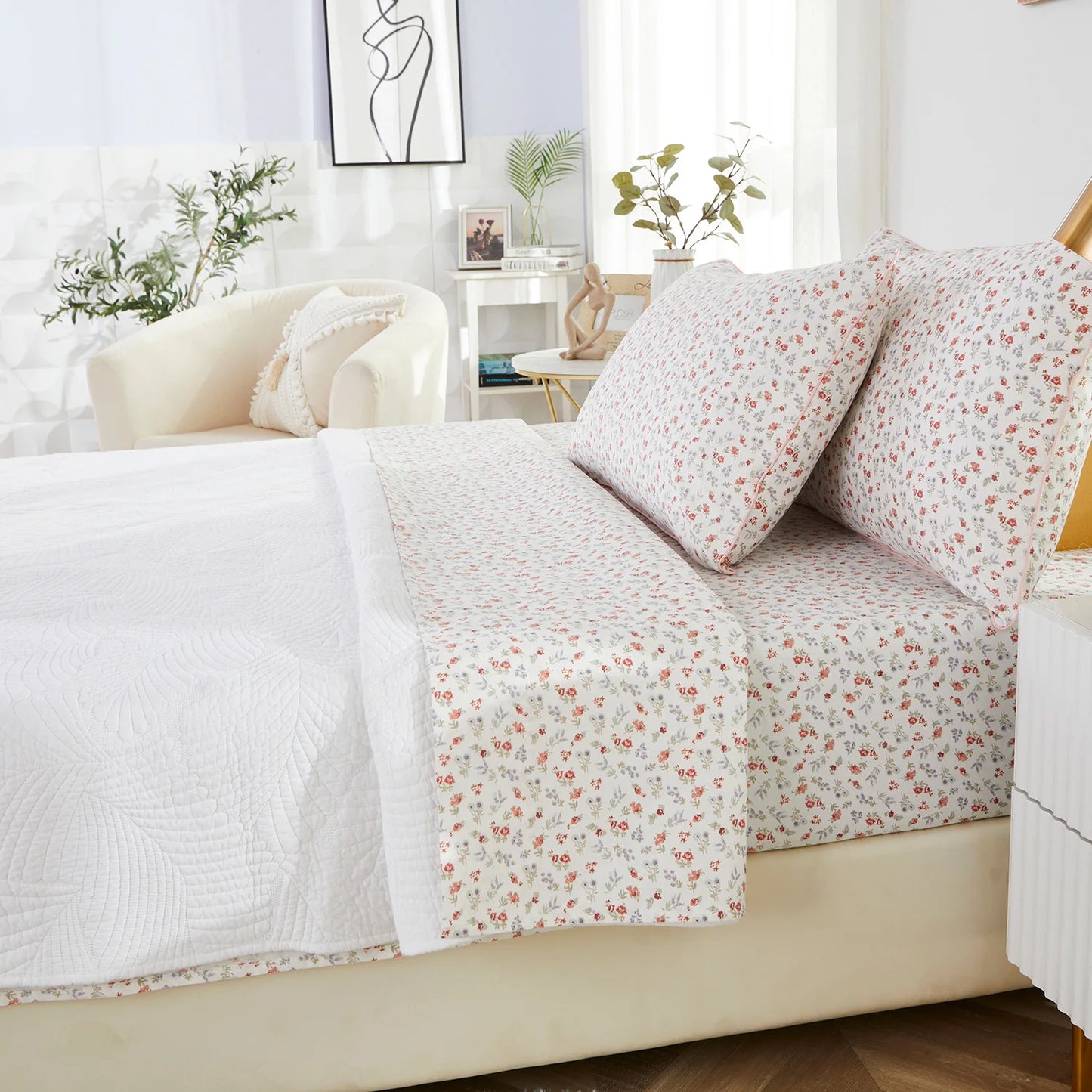4pcs 600TC 100% Egyptian Cotton Fitted Sheet Set (Without Core)，Luxury Flower-Themed, Soft Breathable And Skin-friendly
