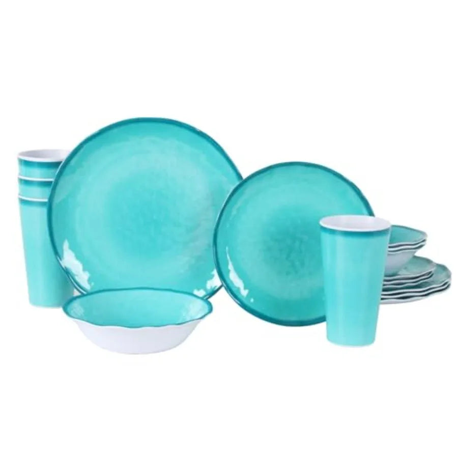 Melamine Dinnerware Set for 4-16 Pcs:Camping Dishes Set with Dinner PlatesSalad Plates Cups and Bowls.Lightweight and Unbreakab