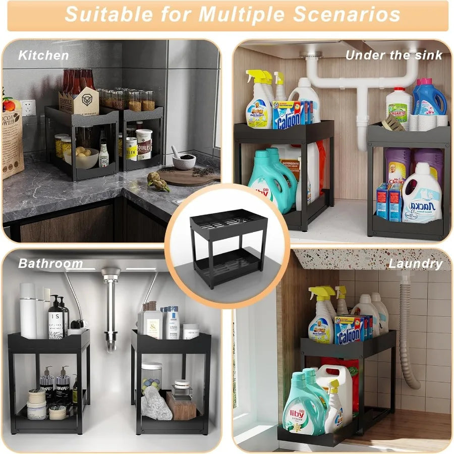 2-Tier Bathroom Organizers and Storage Metal Under Sink Organizers Pull Out Cabinet Organizer Shelf Sliding Drawer for Kitchen