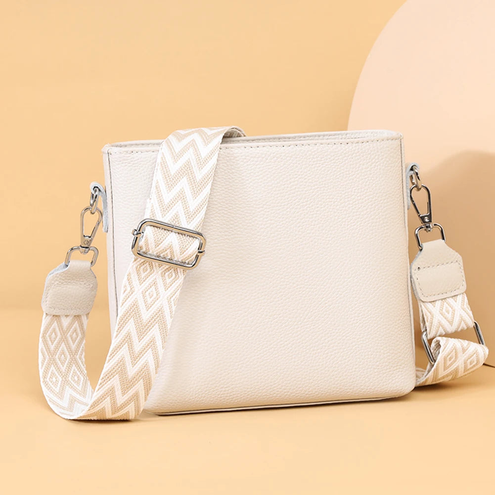 Genuine Leather Shoulder Bag Soft Trendy Crossbody Bag with Guitar Strap Vintage Bucket Bag Satchel Purse for Women