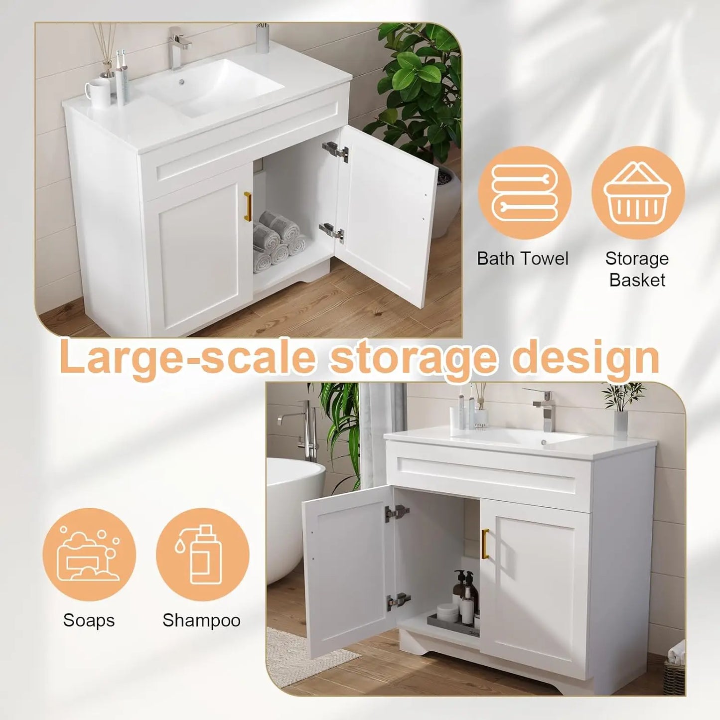 30 Inch Bathroom Vanity with Sink, Modern Bathroom Vanity with Ceramic Basin and Countertop, Easy Assembly