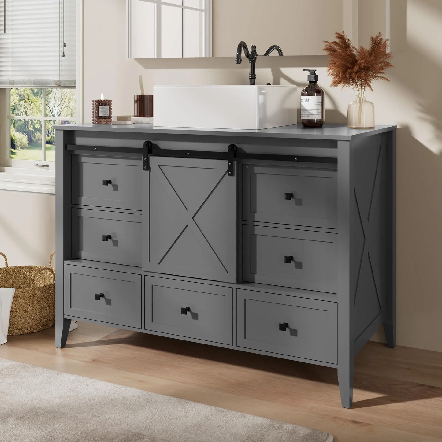 48 Inch Bathroom Vanity with Sink Ceramic, Freestanding Cabinet with Farmhouse Sliding Barn Door, Space-Saving Storage Cabinet