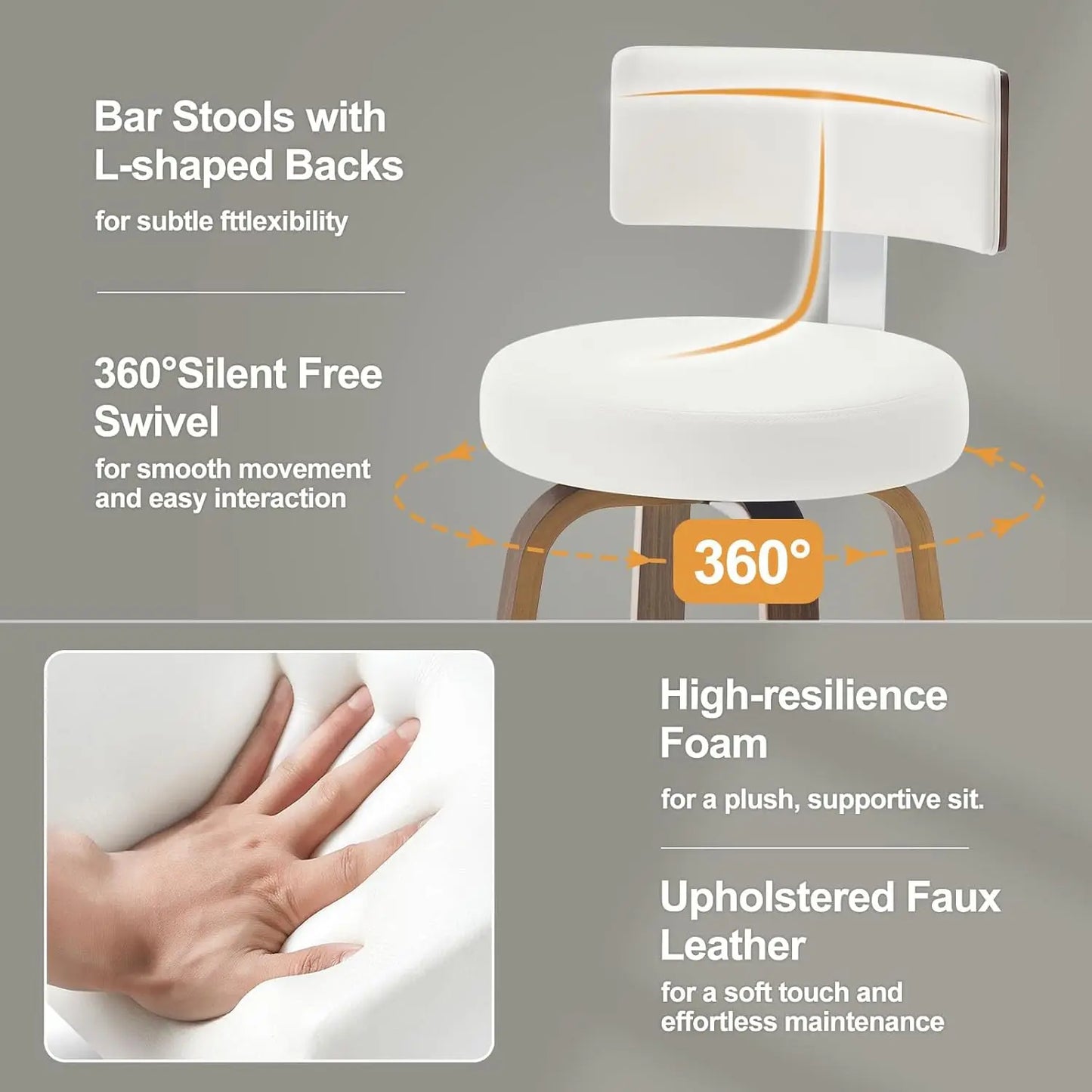 Swivel Counter Height Bar Stools Set of 4, Faux Leather Kitchen Stools Upholstered Barstools with Back, Walnut Wood, Customized