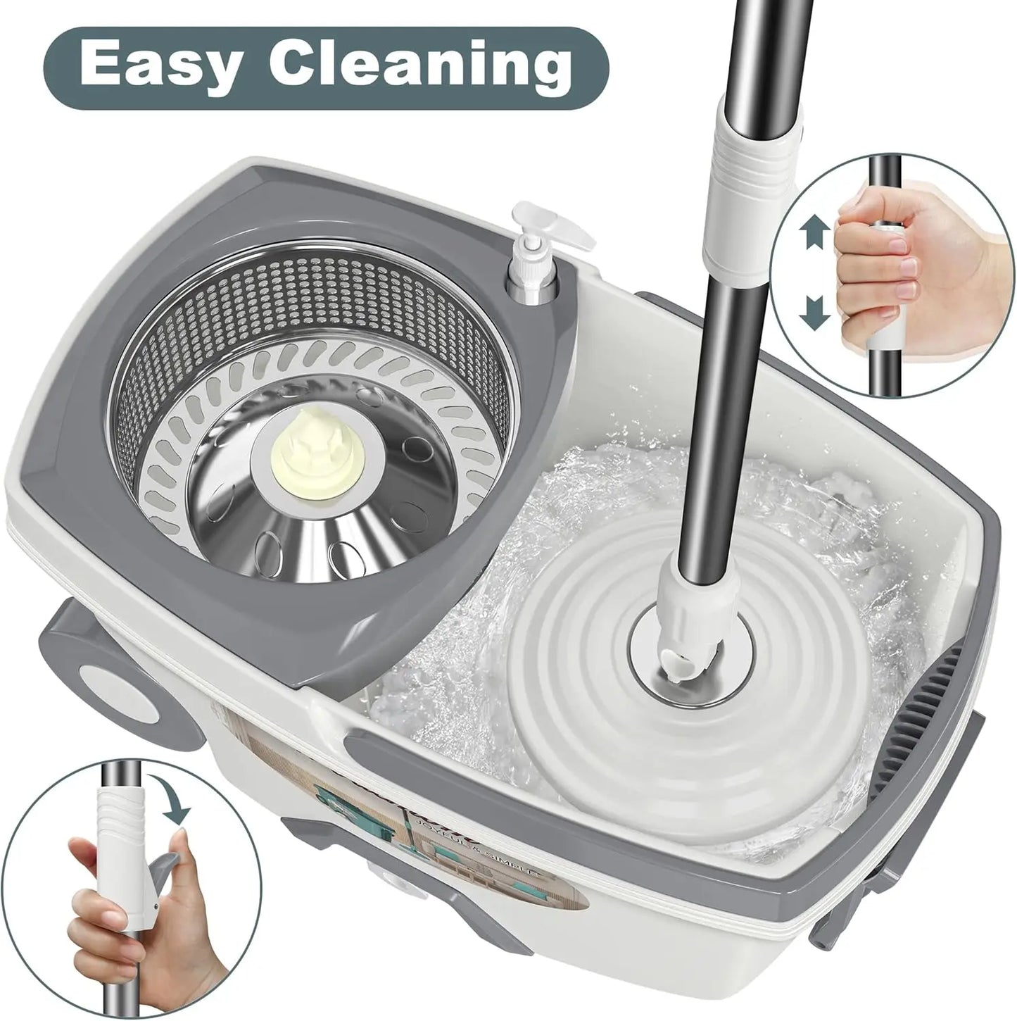 Spin Mop and Bucket Set with Wringer, 6 Refills, 61" Handle for Easy Floor Cleaning - White