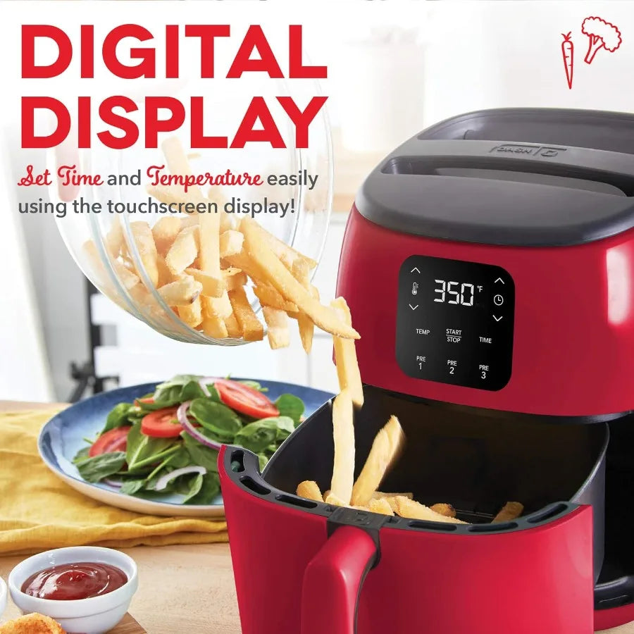 TastiCrisp Electric Air Fryer Oven 2.6 Qt. Red Compact Air Fryer for Healthier Food in Minutes Ideal for Small Spaces Features