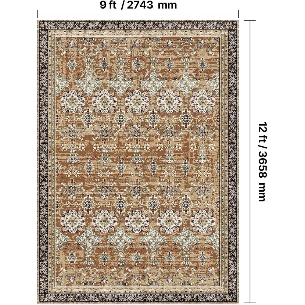 Large 9x12 ft Washable Non-Slip Area Rug - Soft, Pet & Child Safe Vintage Carpet for Home Office, Brown/Green