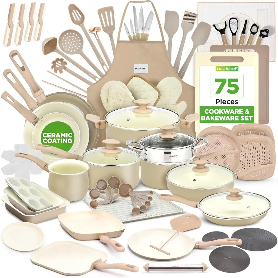 75Piece NonStick Pots and Pans Set Complete Ceramic Cookware Set with Bakeware Utensils Knife Set and Accessories StainResistan