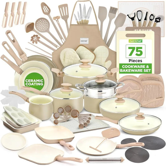 75Piece NonStick Pots and Pans Set Complete Ceramic Cookware Set with Bakeware Utensils Knife Set and Accessories StainResistan