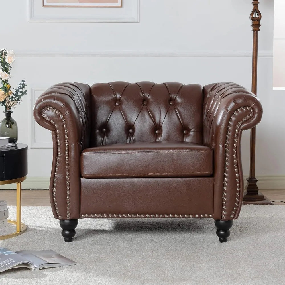 Leather Chesterfield Chair, Mid-Century Modern Single Sofa Chair, Tufted Upholstered Rolled Armchair for Home Bedroom Reading R