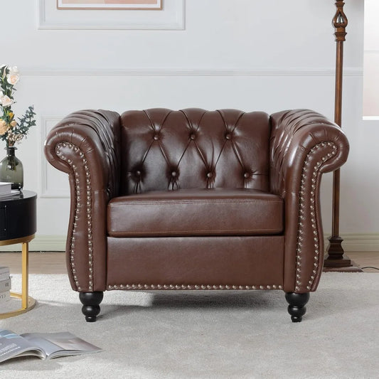 Leather Chesterfield Chair, Mid-Century Modern Single Sofa Chair, Tufted Upholstered Rolled Armchair for Home Bedroom Reading R