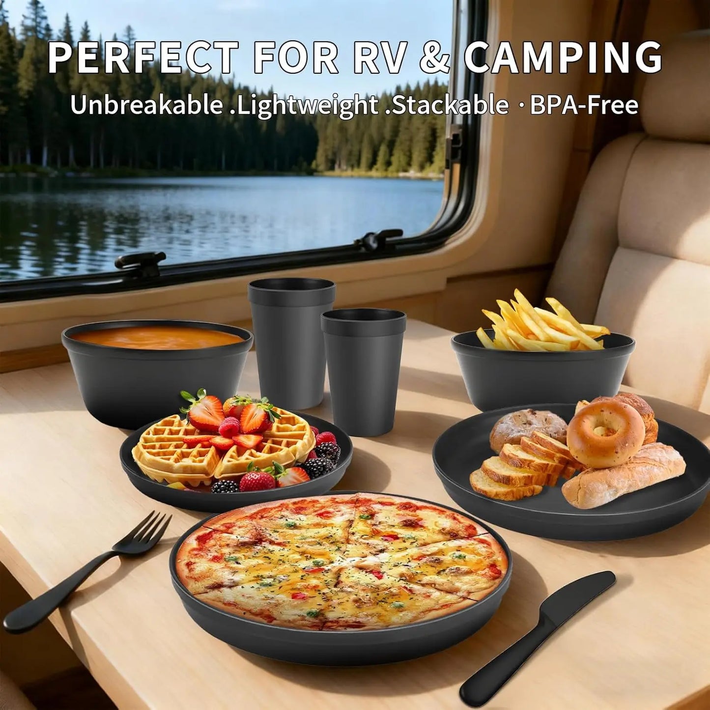 40-Piece RV Camping Dinnerware Set for 8, Microwave Safe Plates Bowls with Cutlery, Lightweight Unbreakable Plastic Dishes