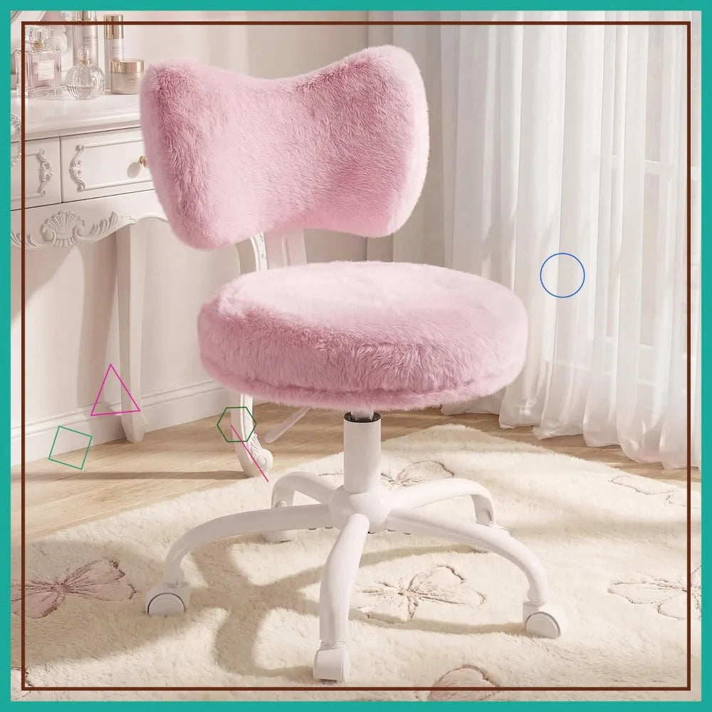 Pink Vanity Chair with Wheels, Cute Bow Backrest, Fluffy Faux Fur, Height Adjustable for Makeup Room, Bedroom, Office