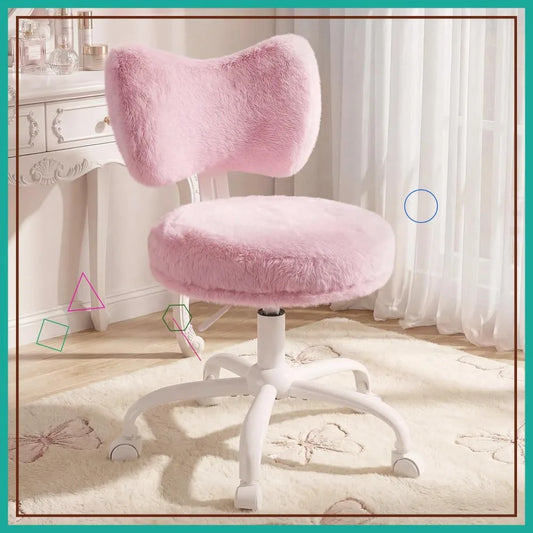 Pink Vanity Chair with Wheels, Cute Bow Backrest, Fluffy Faux Fur, Height Adjustable for Makeup Room, Bedroom, Office