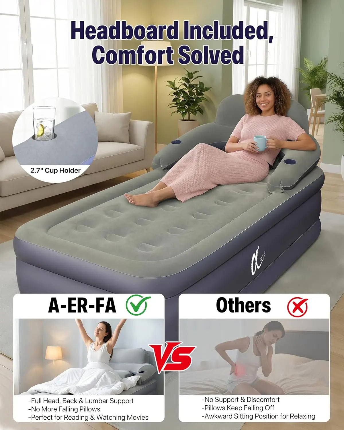 Twin Air Mattress with Built-in Pump, 20" Raised Inflatable Bed with Headboard & Cup Holders, Fast Inflation Blow Up Mattress