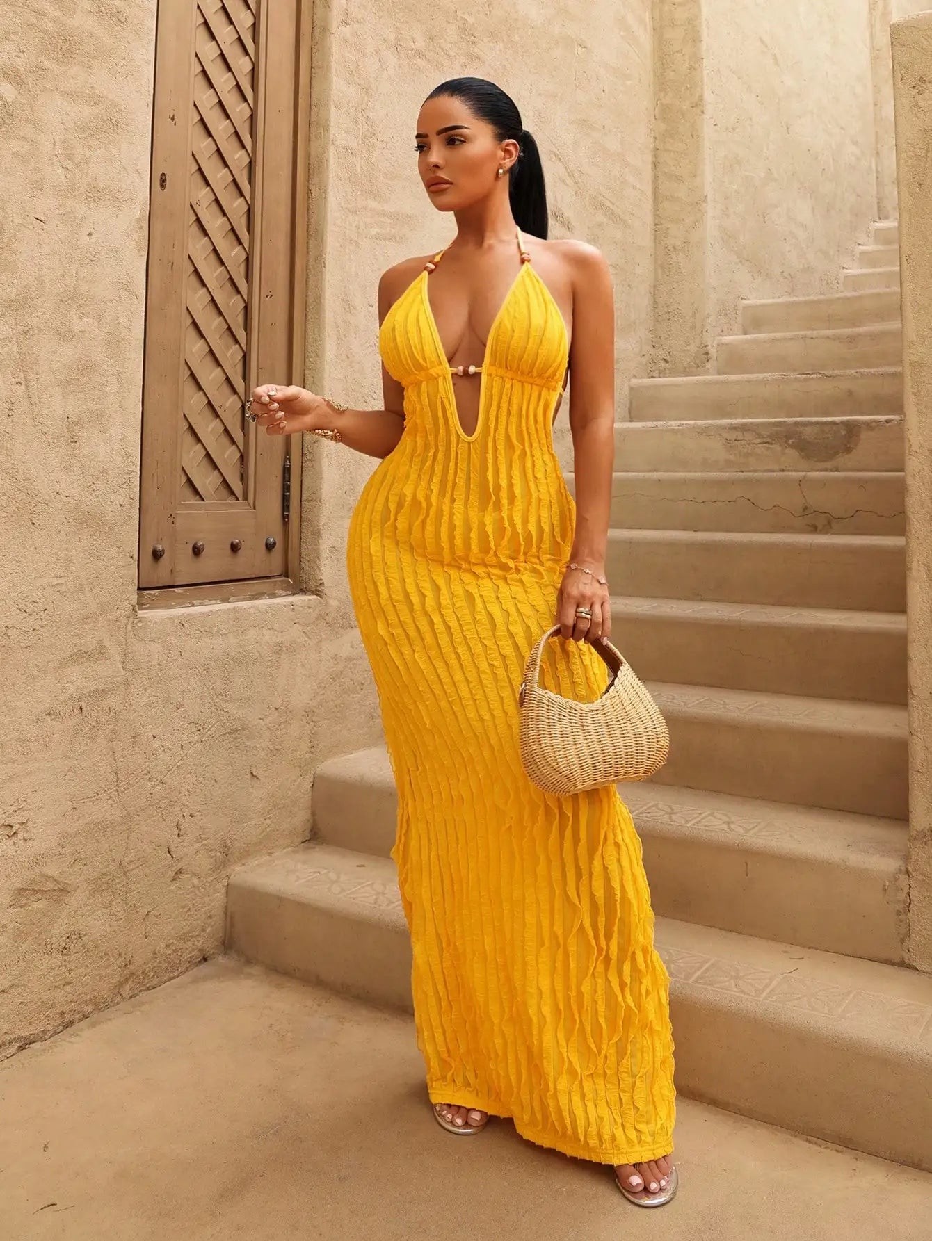 Women's Yellow Deep V Halter Neck Ruched Long Dress with Beaded Detail, Beach Vacation Style