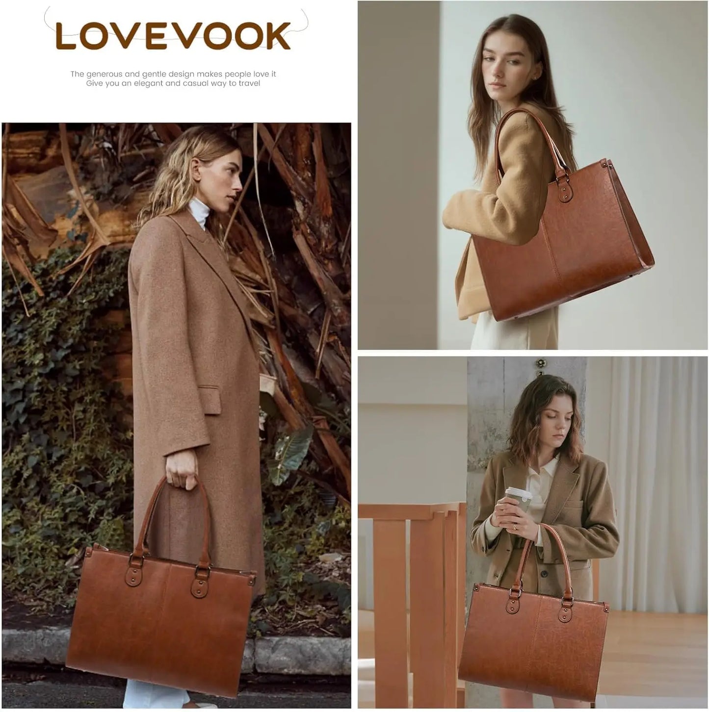 Vintage Leather Laptop Tote Bag for Women, 15.6 Inch Large Capacity Work Computer Shoulder Handbag in Dark Brown