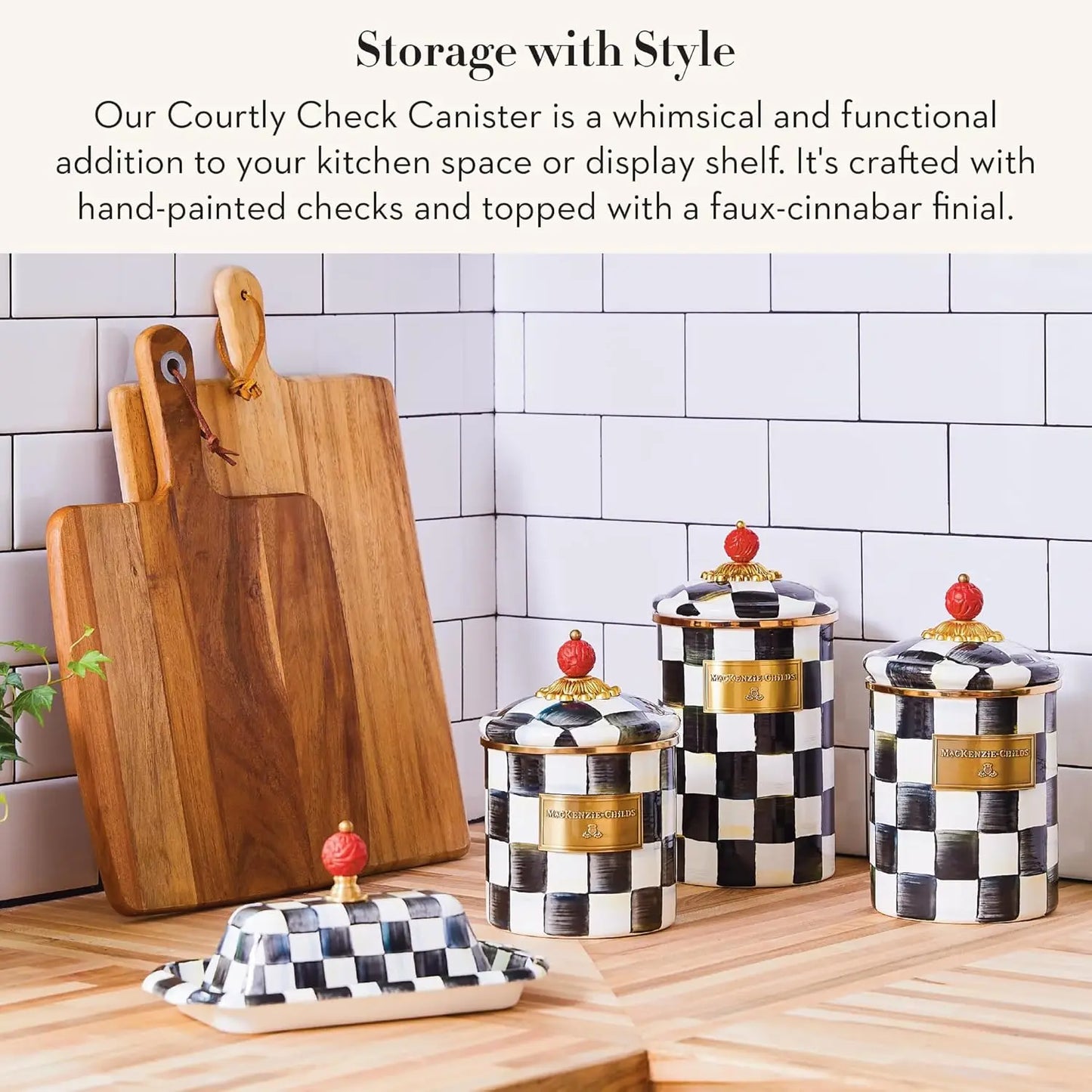 Large Enamel Canister for Kitchen Storage, 1.89L Black-White Check Design, Ideal for Flour and Sugar