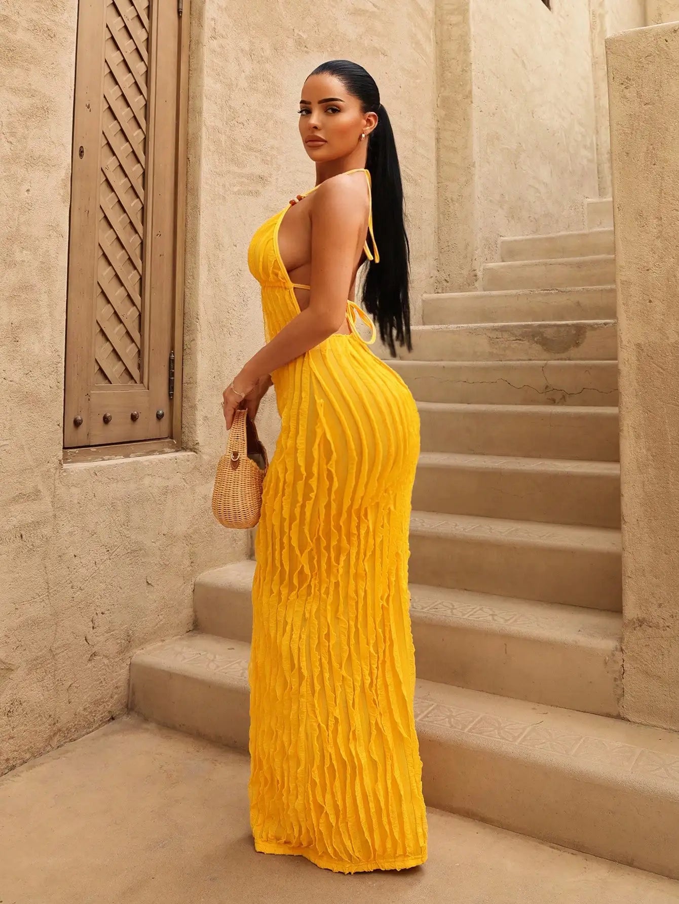 Women's Yellow Deep V Halter Neck Ruched Long Dress with Beaded Detail, Beach Vacation Style