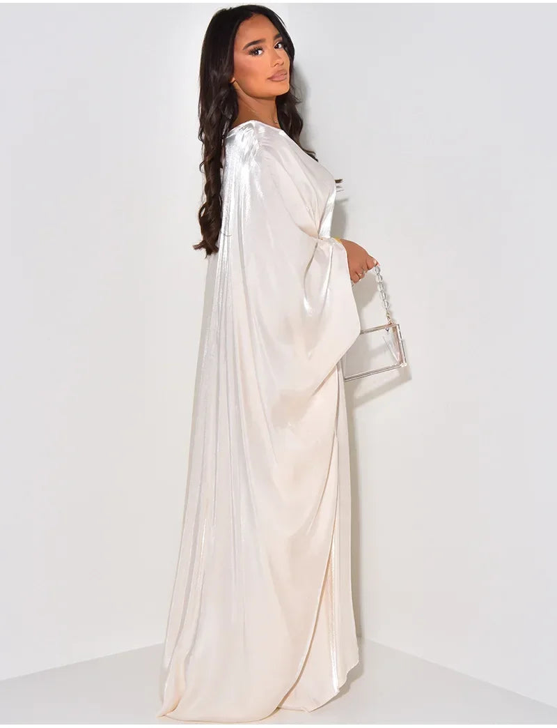 BWQ Women Loose O-neck Full Batwing Sleeve Long Maxi Dress Summer Satin Vintage Africa Streetwear Vestido Evening Dresses