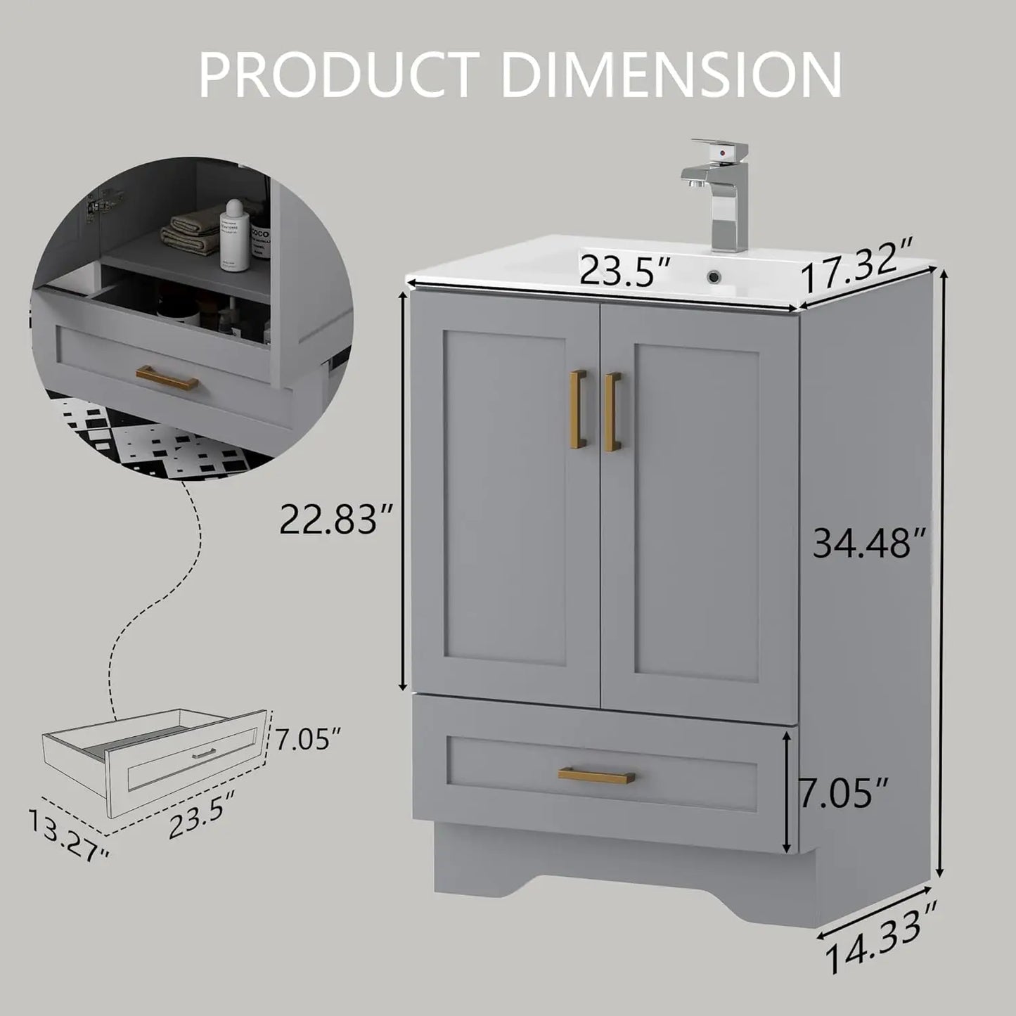 24" Bathroom Vanity with Ceramic Undermount Sink - Freestanding 2-Door & 1-Drawer Storage Cabinet