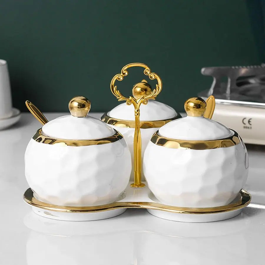 Porcelain Sugar Bowl Condiment Pot Salt Container with Lid, Spoon and Tray, Set of 3, Modern Spice Box Seasoning Jar, White and