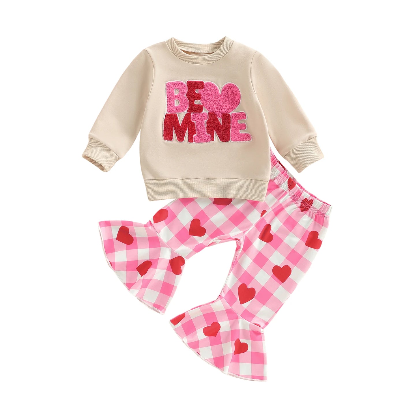Cute Toddler Girl Valentine s Day Clothes Heart Embroidery Top Plaid Bell Bottoms 2 Piece Set for a Stylish Look