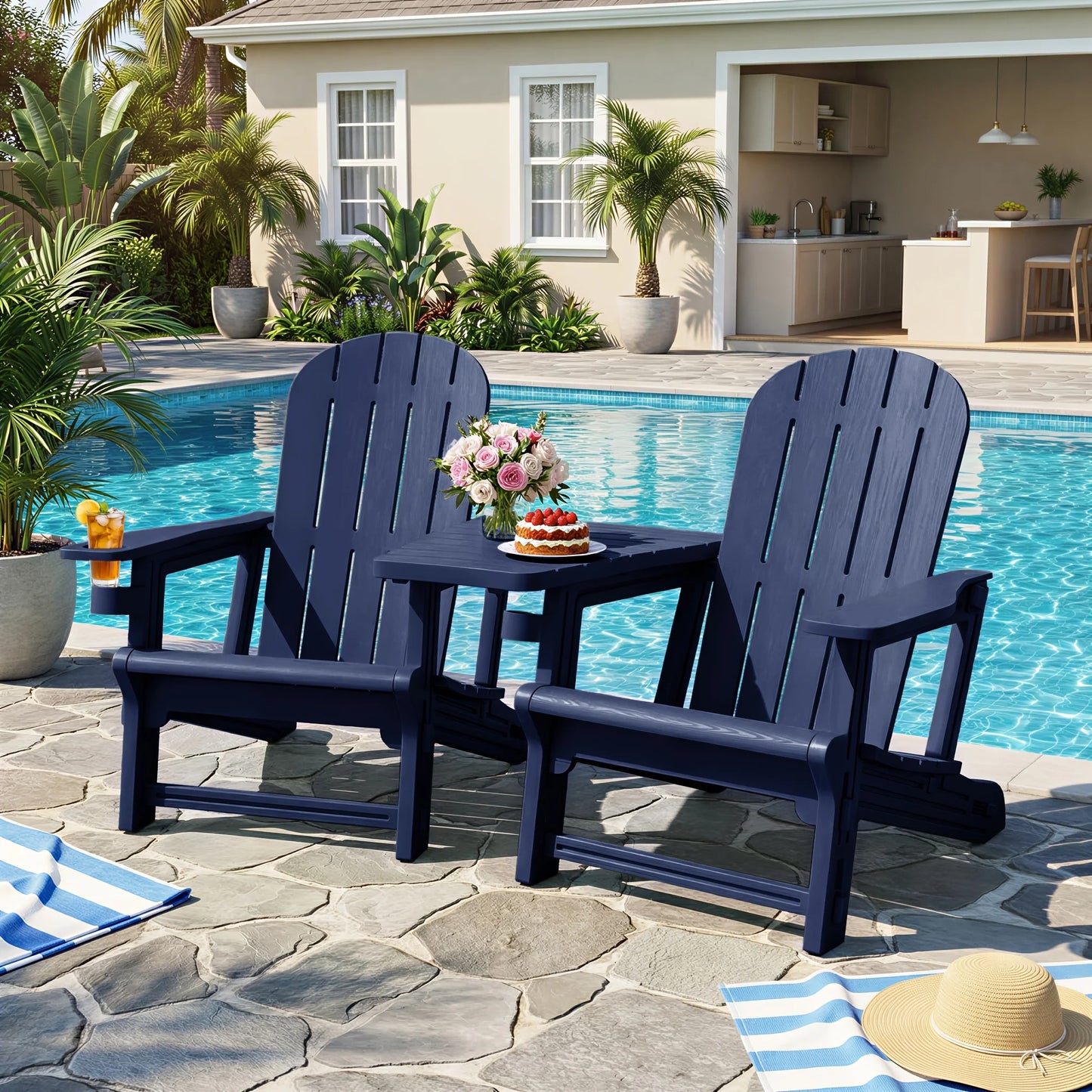 Outdoor Chair Set of 2 All-Weather Patio Furniture Table and Footrest Wood  Holder for Patio Poolside Garden