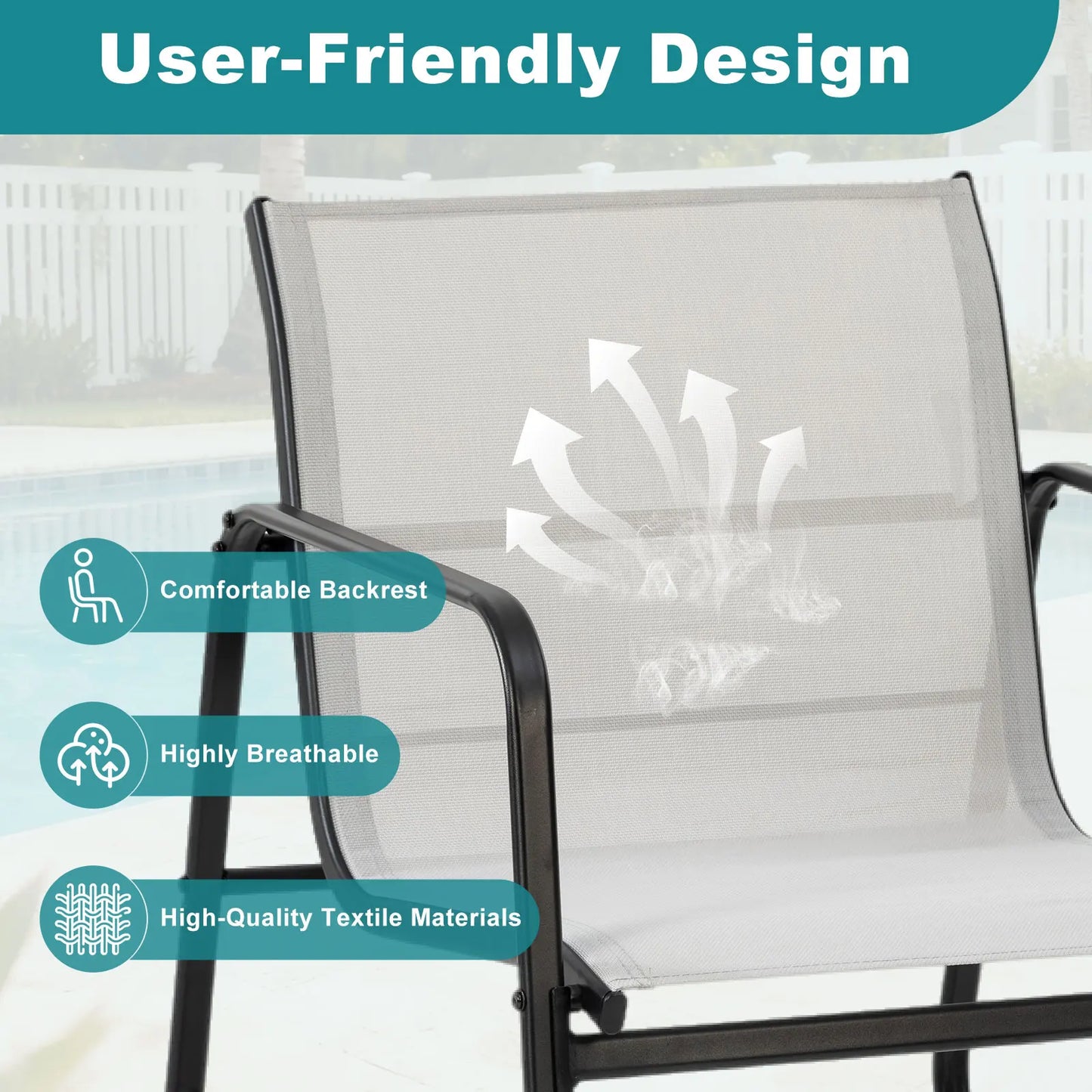 JHK Patio Furniture 3 Pieces Set with Table Outdoor Metal Frame Lumbar Support Mesh Backrest Sectional Balcony Sets for Garden