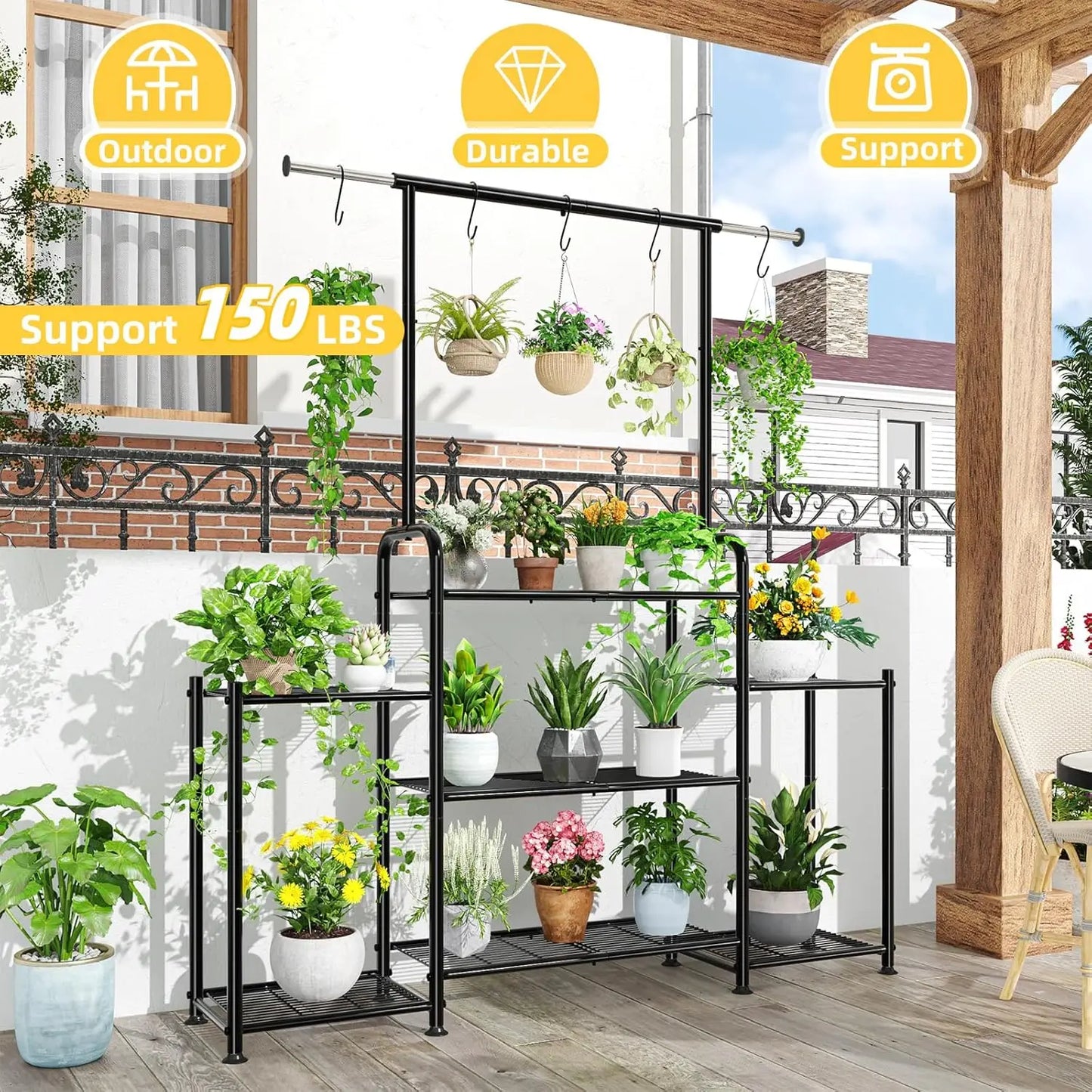 3-Tier Metal Plant Stand Indoor Outdoor, Expandable Hanging Shelf for Multiple Flower Pots, Heavy Duty Ladder Holder in Black