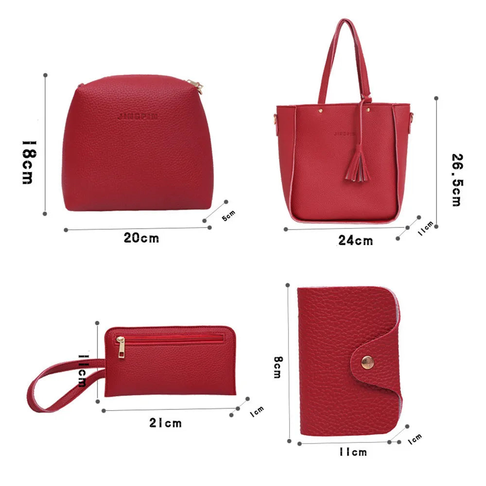 New 2024 New Large Capacity Lychee Pattern Handbags Women'S European And American Retro Fashion Tassel Four-Piece Women'S Bag