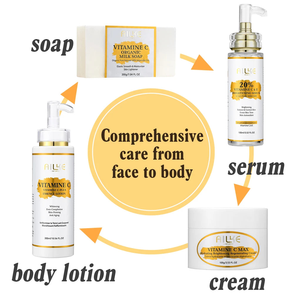AILKE Vitamin C Set, Reduce Dark Spots, with Lightening Body Lotion, Even Tone Face Cream, Whitening Serum, Brightening Soap
