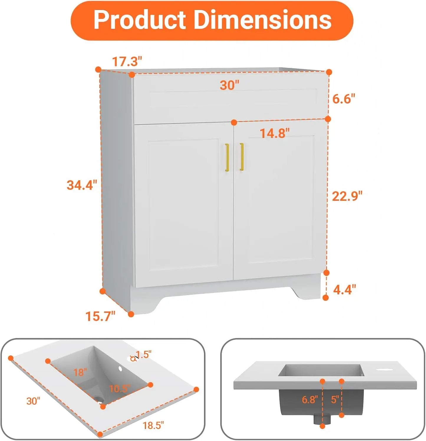 30 Inch Bathroom Vanity with Sink, Modern Bathroom Vanity with Ceramic Basin and Countertop, Easy Assembly