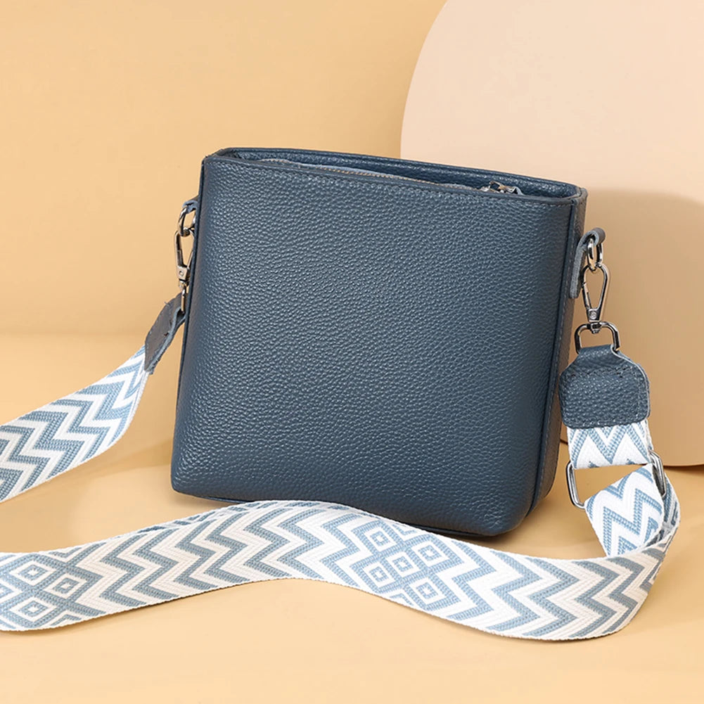 Genuine Leather Shoulder Bag Soft Trendy Crossbody Bag with Guitar Strap Vintage Bucket Bag Satchel Purse for Women