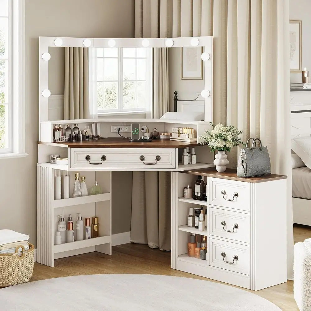 43 White Makeup Vanity Desk with 3-Way Mirror, Lights, Charging Station, and Storage