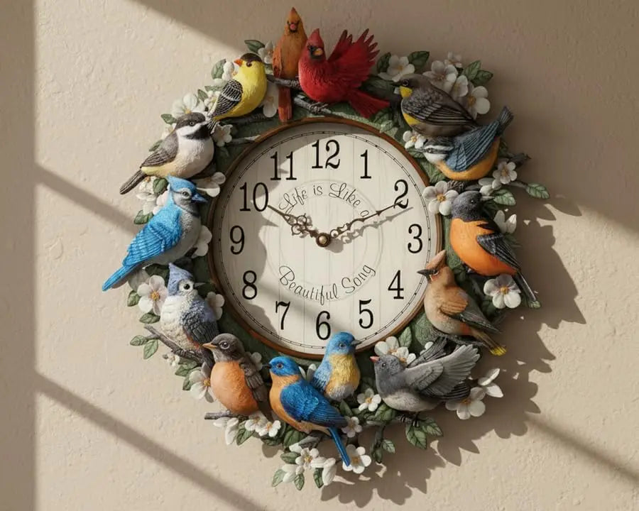 Songbird Melodies Sculptural Wall Clock Featuring 12 Hand-Painted Bird Species That Mark The Hours On A Wooden-Framed Face with