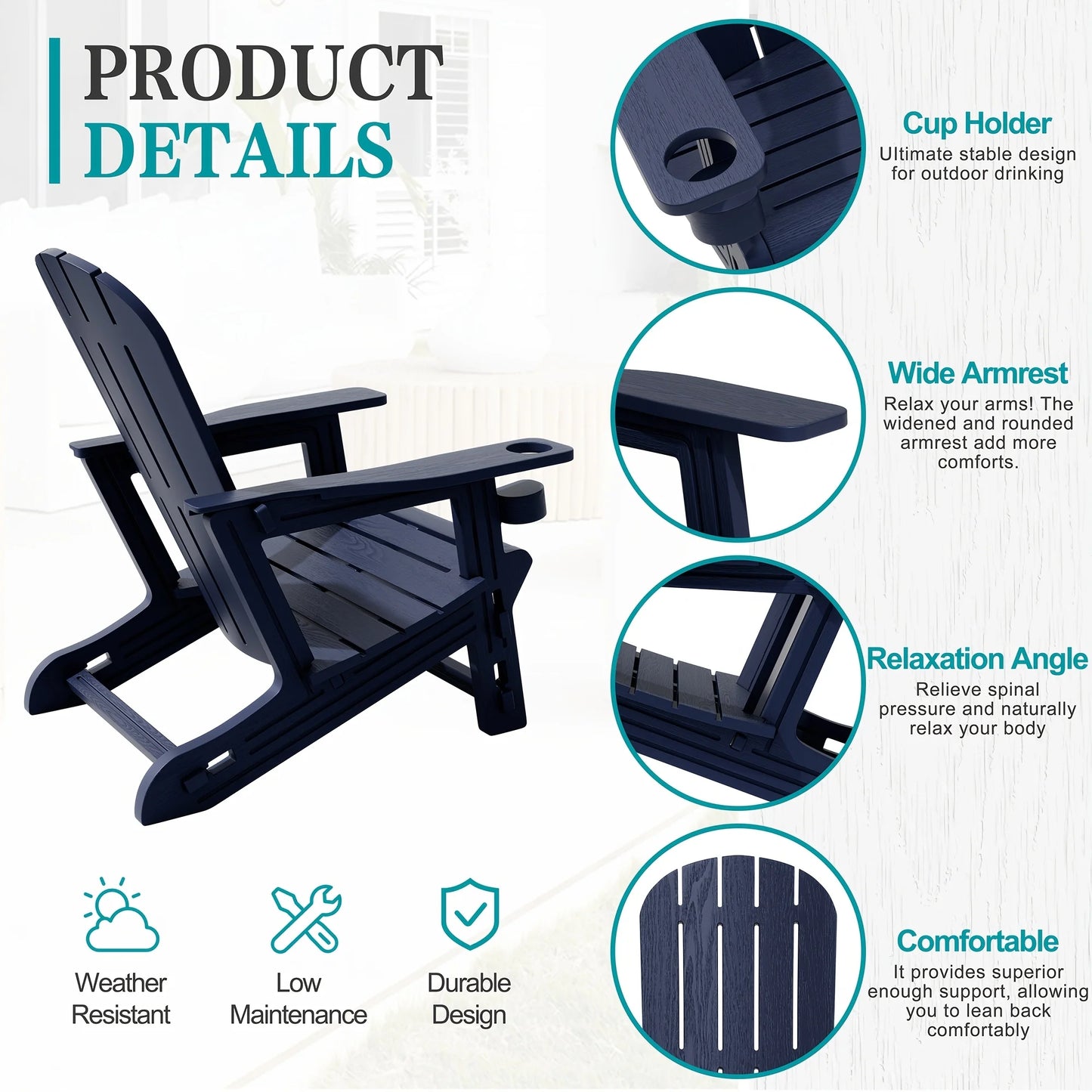 Outdoor Chair Set of 2 All-Weather Patio Furniture Table and Footrest Wood  Holder for Patio Poolside Garden