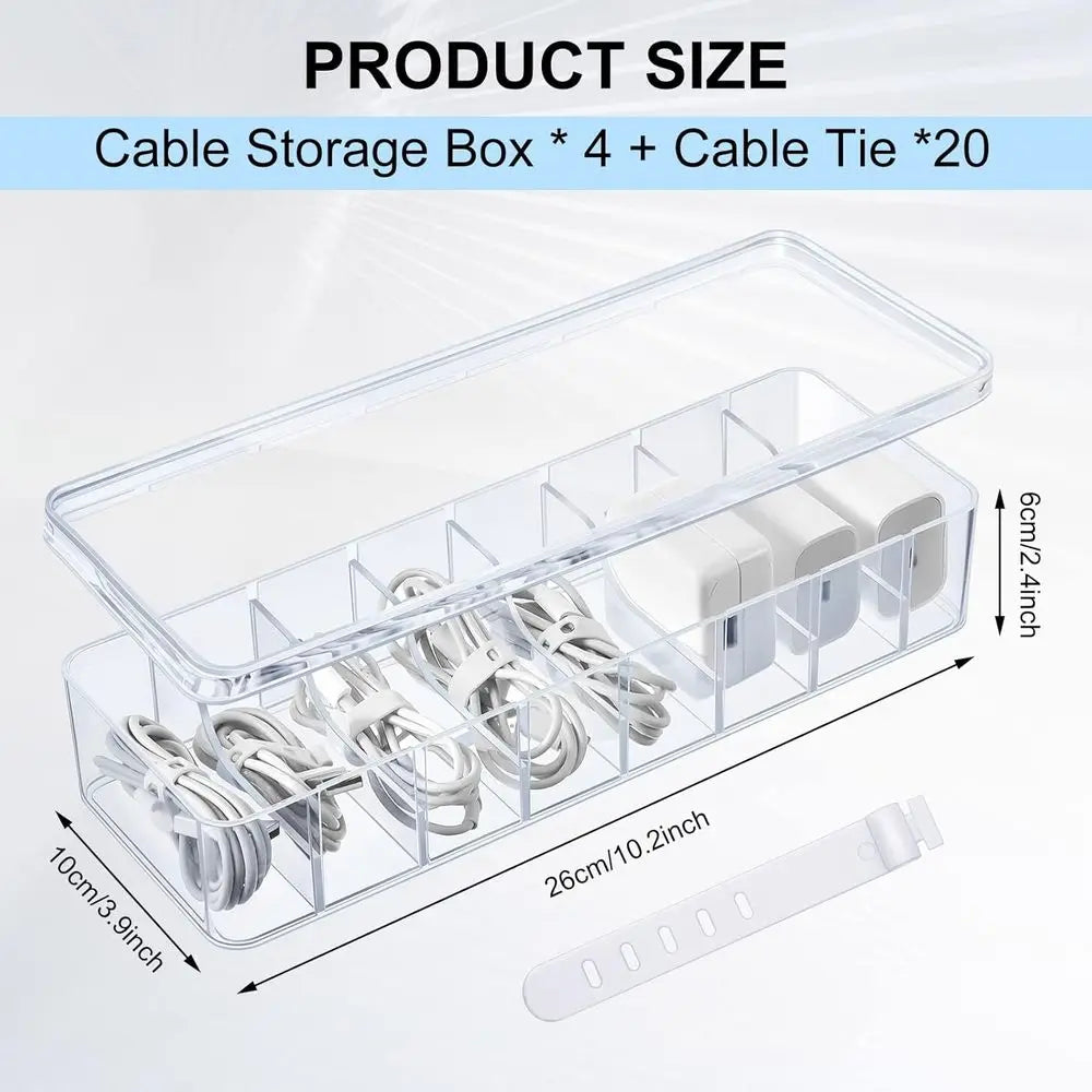 4 Pcs Cable Organizer Box with Wire Ties, Plastic Cord Storage Box with Lid, Clear Organizers for Home Office Desk and Accessori