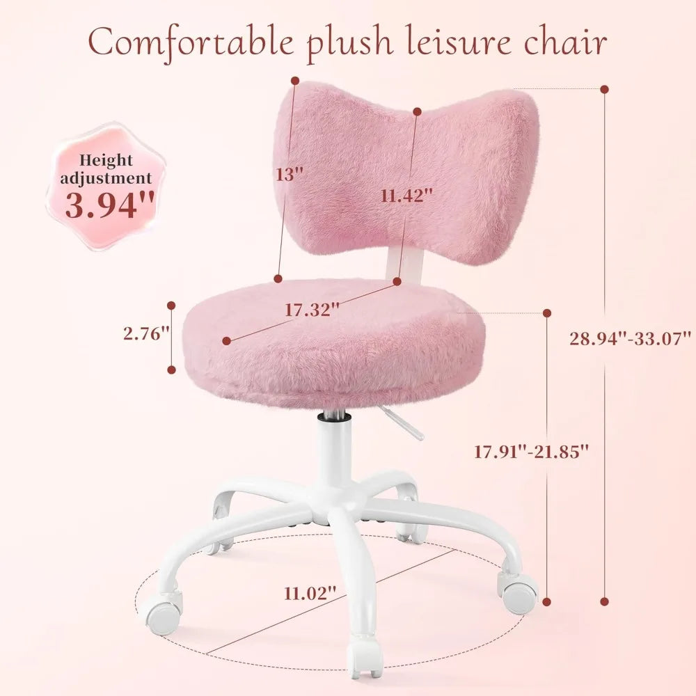 Pink Vanity Chair with Wheels, Cute Bow Backrest, Fluffy Faux Fur, Height Adjustable for Makeup Room, Bedroom, Office