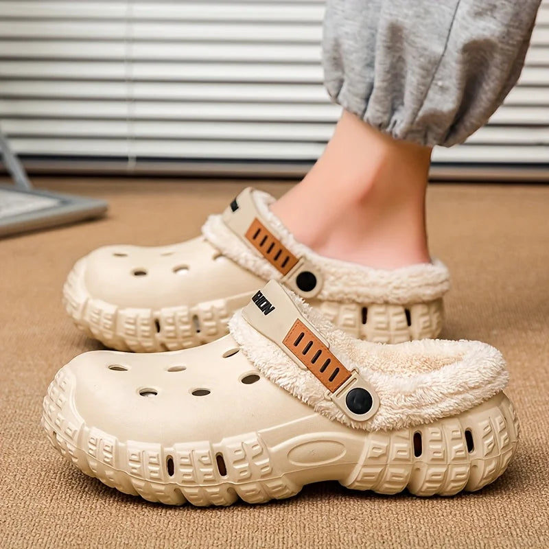 Unisex lined hole shoes, winter removable thick sole slippers with warm lining for outdoor use, thick and warm cold-proof