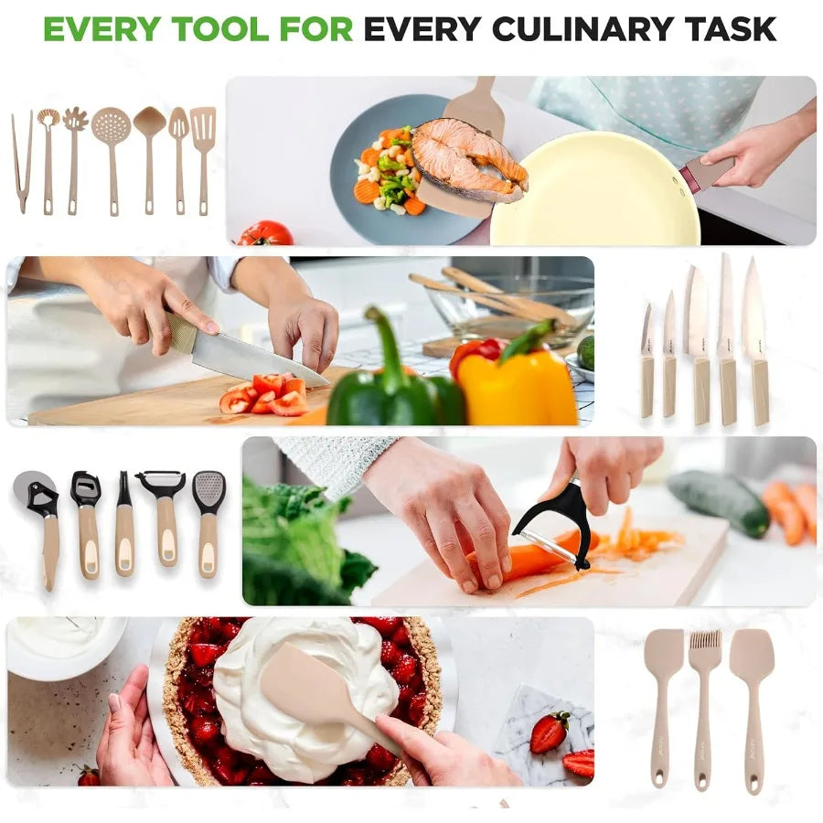 75Piece NonStick Pots and Pans Set Complete Ceramic Cookware Set with Bakeware Utensils Knife Set and Accessories StainResistan