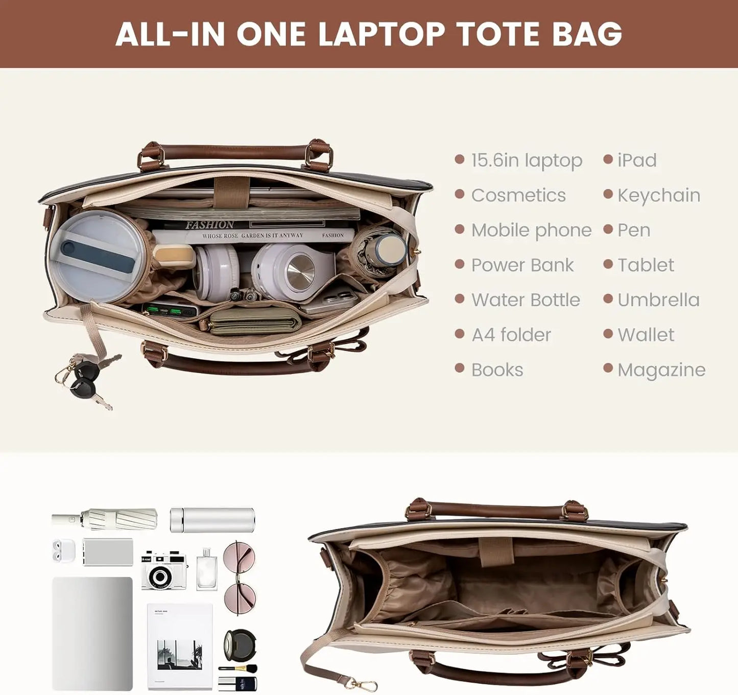 Waterproof Leather Laptop Tote Bag for Women, Large Business Work Bag with Adjustable Strap, Office Travel Purse Briefcase