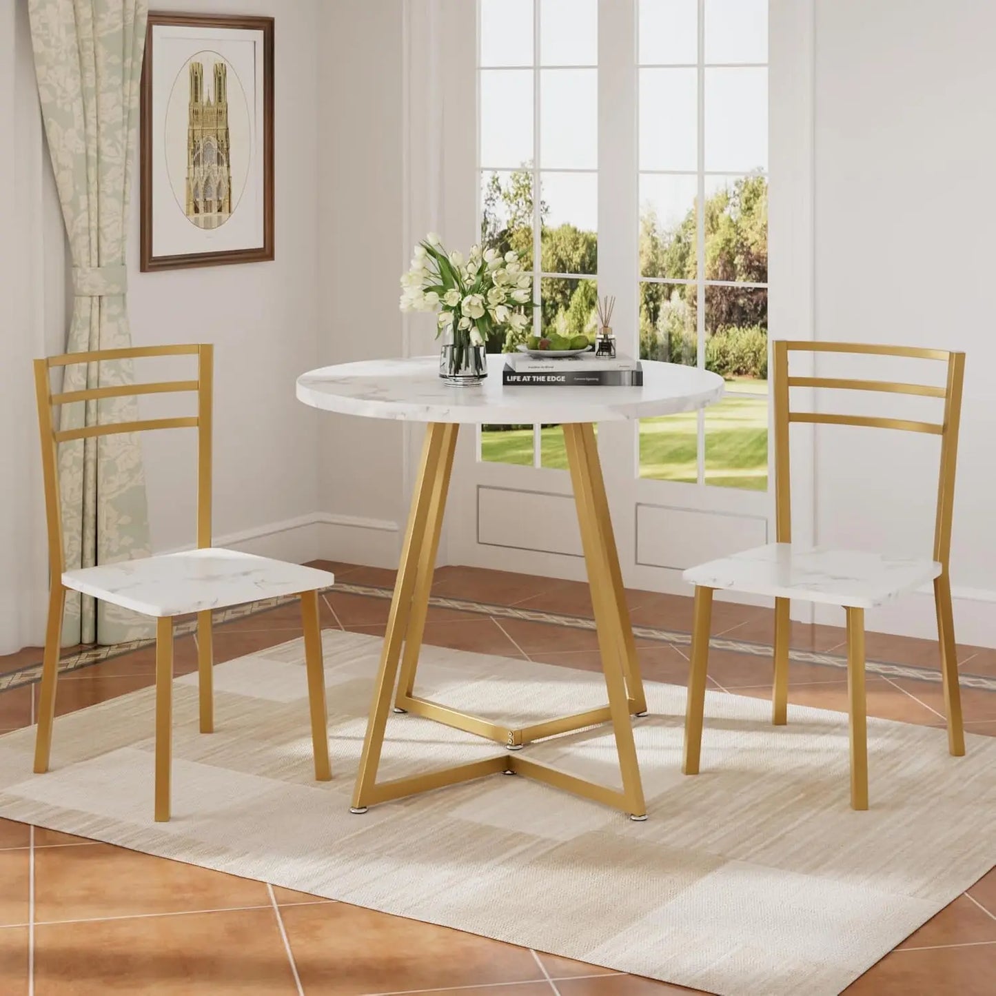 Small Round Dining Table Set for 2, Wood Top with Metal Frame, Modern Kitchen Breakfast Nook in White & Gold