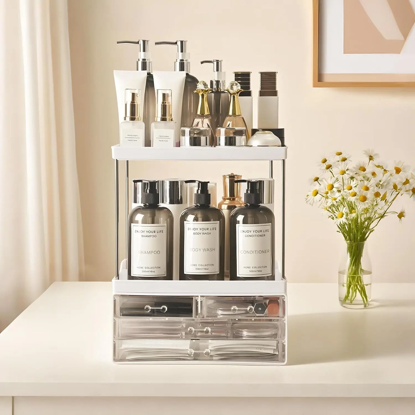 Bathroom Organizers and Storage, 5-Tier 4-Drawer Makeup Organizer Countertop, Large Vanity Organizer for Cosmetics, Skincare &
