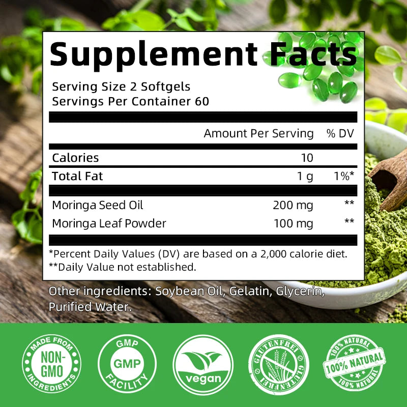 BBEEAAUU Moringa Capsule Natural Green Antioxidant Support Energy,Skin&Intestinal Health,Containing Essential Vitamin&Amino Acid
