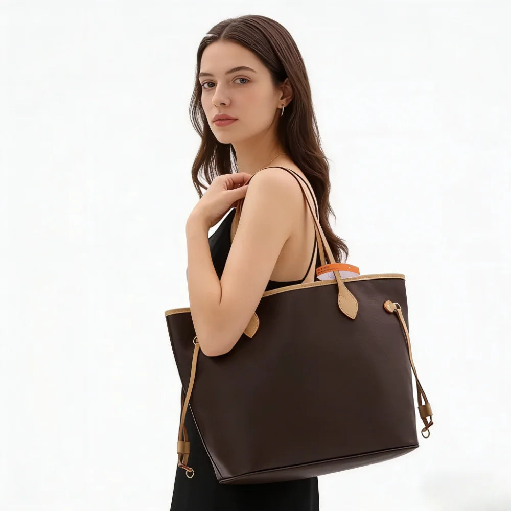 Women's Large Capacity Tote Bag - Brown Pu Leather Shoulder Bag Fashionable Casual Daily Commuter Handbag with Adjustable Strap