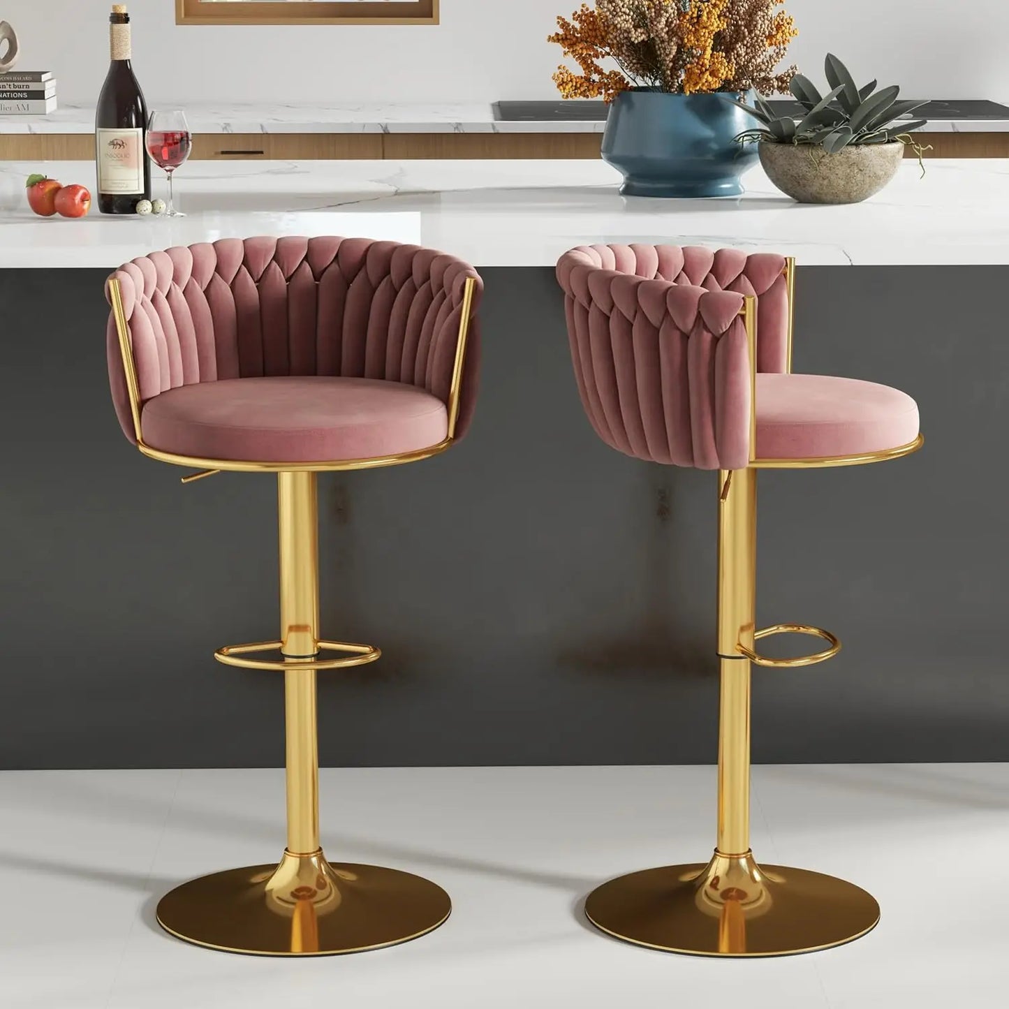 Gold Bar Stools Set of 2, Velvet Hand-Woven Barstools, Seat Height 27″ Counter Stools with Upholstered Backrest, Modern Luxuriou
