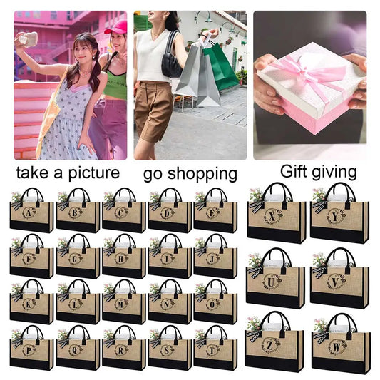 Women Jute Tote Bag Fashion Shopping Bag with Letter Stylish Commuting Bag Linen Travel Handbag for Teachers Friends Bridesmaids