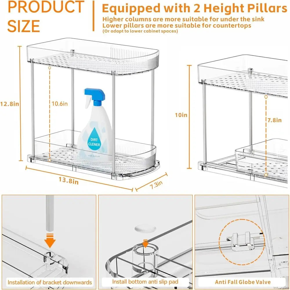 2 Pack Large Pull Out Bathroom Organizers and Storage, 2 Tier 12.8 Tall Sliding Kitchen Under Sink Organizer, Clear Acrylic Bath